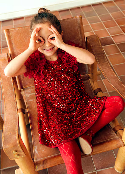 PREVENTA Vestido Lentejuelas  manga tul rojo