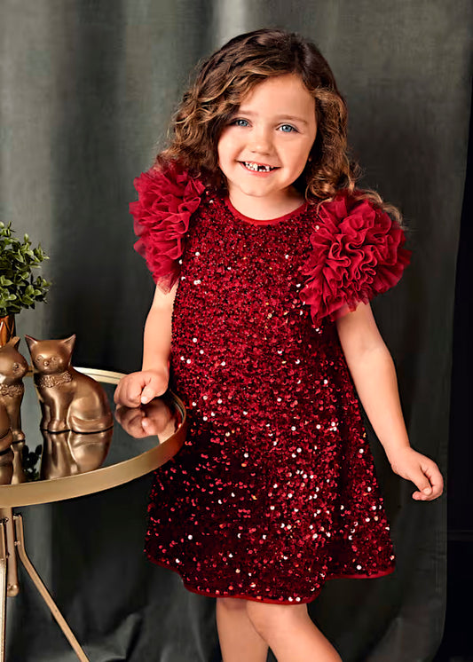 PREVENTA Vestido Lentejuelas  manga tul rojo