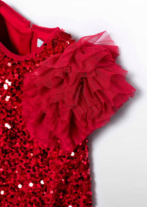 PREVENTA Vestido Lentejuelas  manga tul rojo