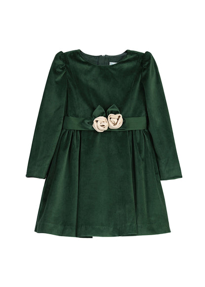vestido terciopelo verde 2 rosas en la cintura