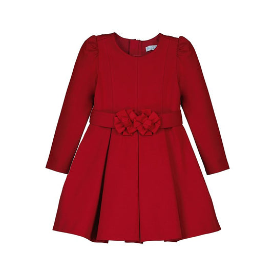 vestido rojo manga larga, con flores en cintura