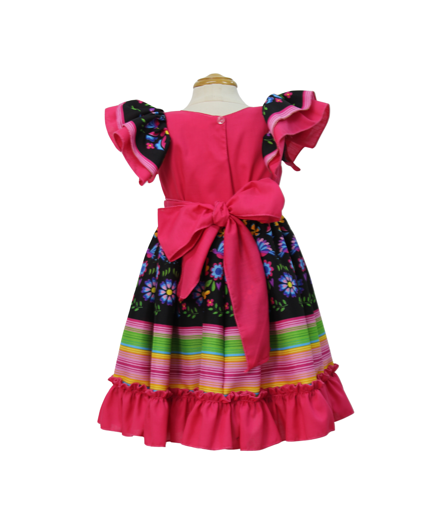 VESTIDO ADELITA TIPICO PATRIO ELEGANTE PETO ROSA, FALDA FLORES Y LINEAS
