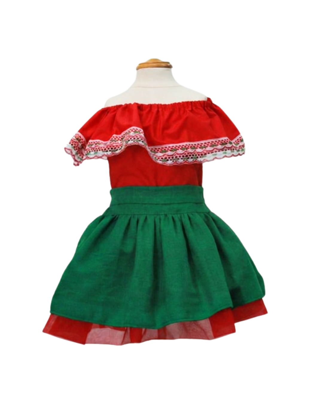 SET PATRIO TUTU CON BLUSA CAMPESINA ROJA ENCAJE TRICOLOR, FALDA VERDE