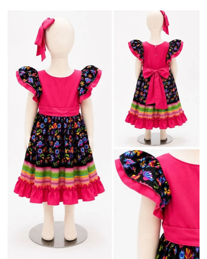 VESTIDO ADELITA TIPICO PATRIO ELEGANTE PETO ROSA, FALDA FLORES Y LINEAS