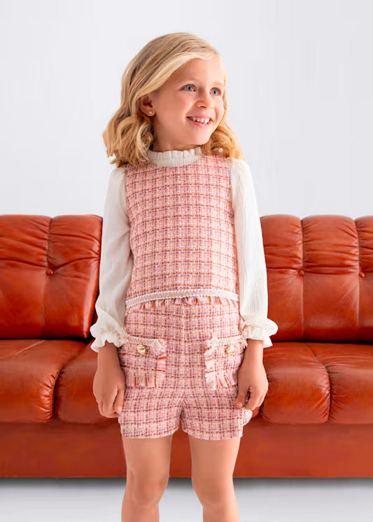 PREVENTA Conjunto Bermuda Combinada Tweed rosa pétalo