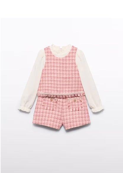 PREVENTA Conjunto Bermuda Combinada Tweed rosa pétalo