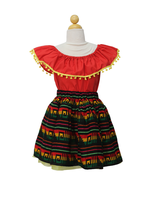 SET PATRIO TUTU CON BLUSA CAMPESINA ROJA CON POMPON AMARILLO, FALDA RAYAS NEGRA