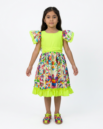 VESTIDO ADELITA TIPICO PATRIO ELEGANTE PETO NEON, FALDA FLORES BLANCA