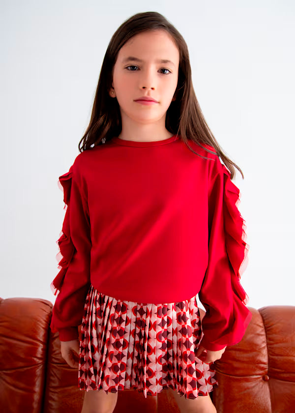 PREVENTA Conjunto jersey rojo con volantes y falda plisada estampado