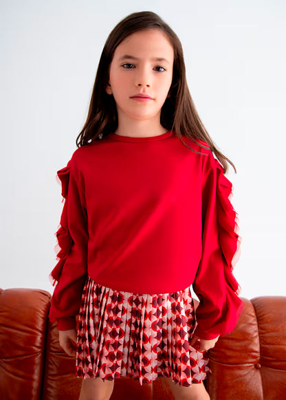 PREVENTA Conjunto jersey rojo con volantes y falda plisada estampado
