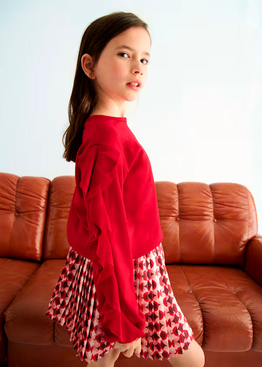 PREVENTA Conjunto jersey rojo con volantes y falda plisada estampado