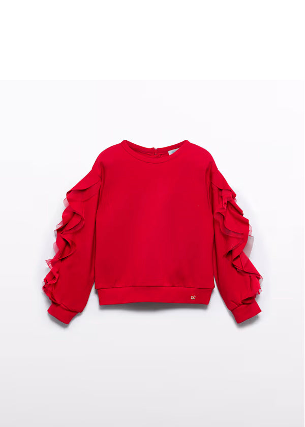 PREVENTA Conjunto jersey rojo con volantes y falda plisada estampado