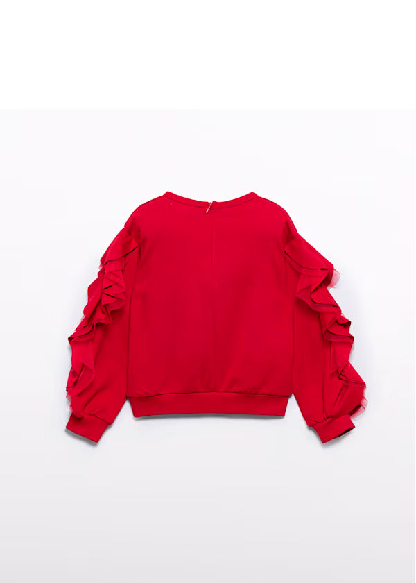 PREVENTA Conjunto jersey rojo con volantes y falda plisada estampado