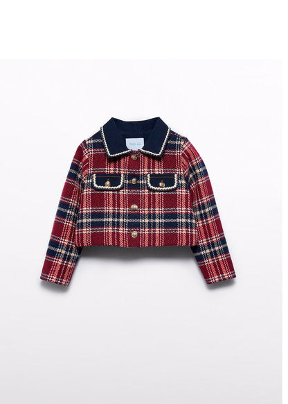 chaqueta a cuadros, botones al frente y cuello italiano