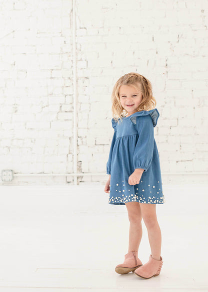 Vestido Mezclilla manga larga perlas