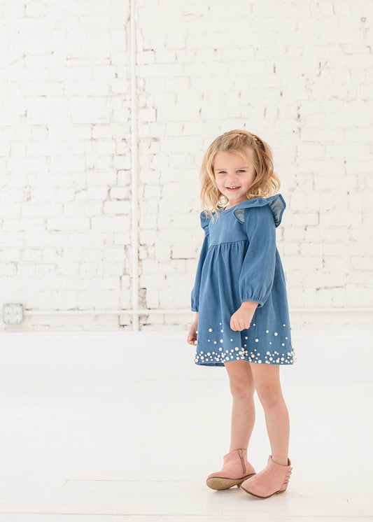 Vestido Mezclilla manga larga perlas