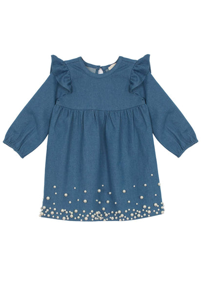 Vestido Mezclilla manga larga perlas