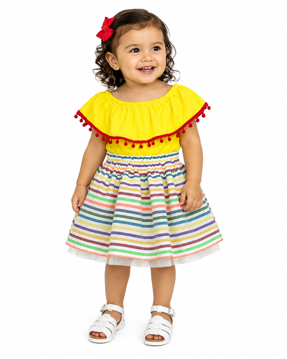 SET PATRIO TUTU CON BLUSA CAMPESINA AMARILLA POMPON ROJO, FALDA CAMBAYA RAYAS