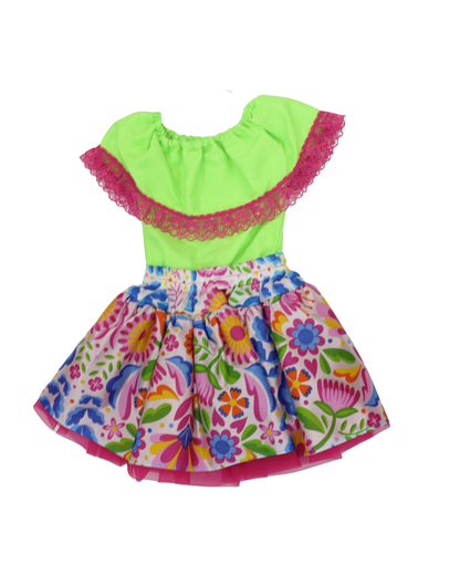 SET PATRIO TUTU CON BLUSA CAMPESINA VERDE ENCAJE ROSA, FALDA FLORES
