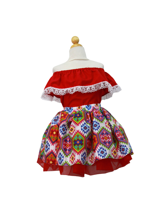 SET PATRIO TUTU CON BLUSA CAMPESINA ROJA ENCAJE BLANCO, FALDA CUADROS BLANCA