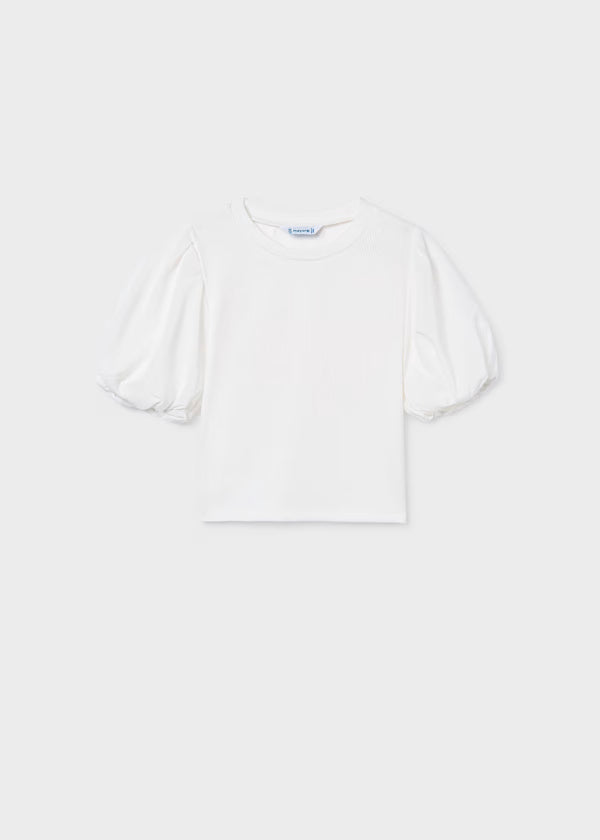 Camiseta canalé mangas abullonadas color crudo