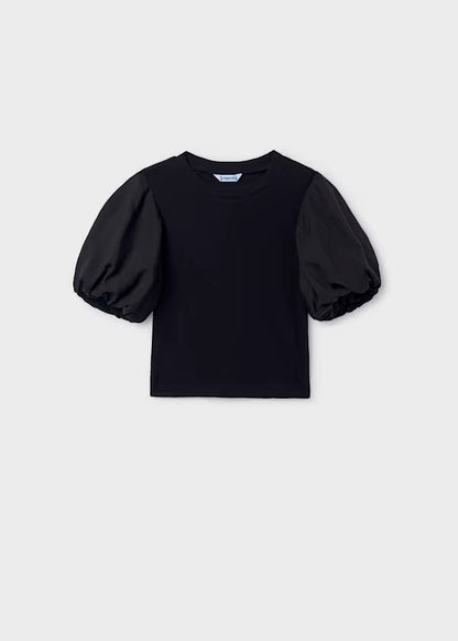 Camiseta canalé mangas abullonadas color negro