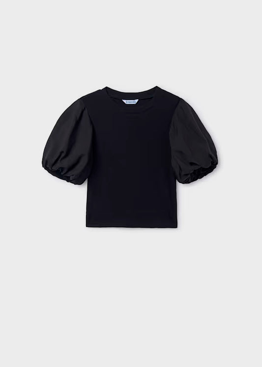 Camiseta canalé mangas abullonadas color negro