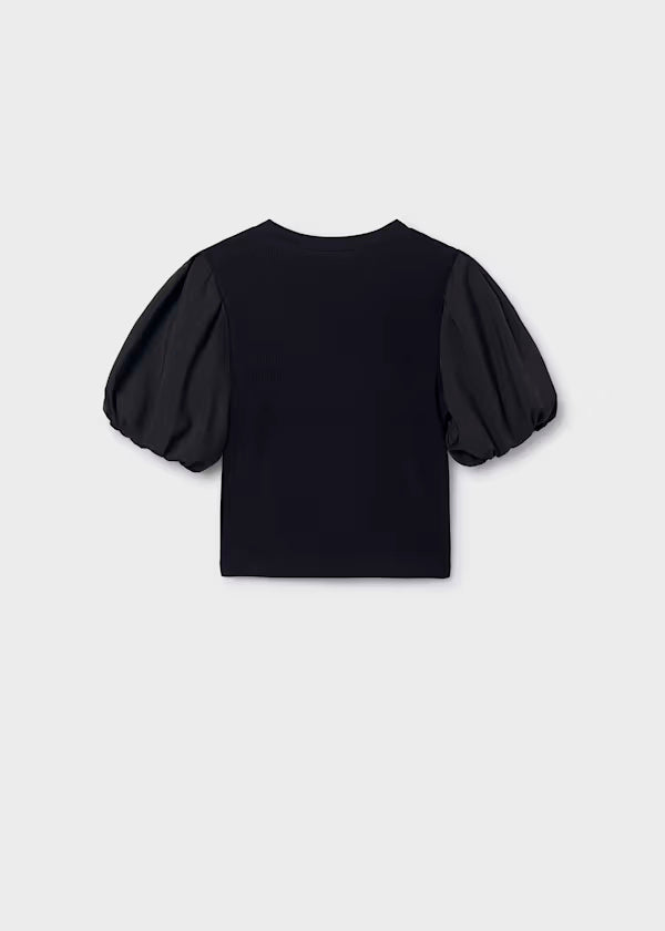 Camiseta canalé mangas abullonadas color negro