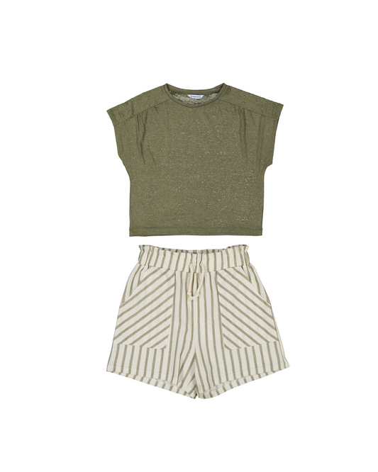 conjunto blusa verde short lino a rayas