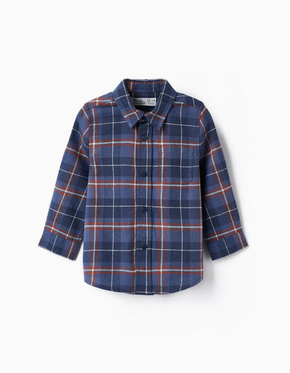 camisa azul a cuadros marino/ chedron, para bebé