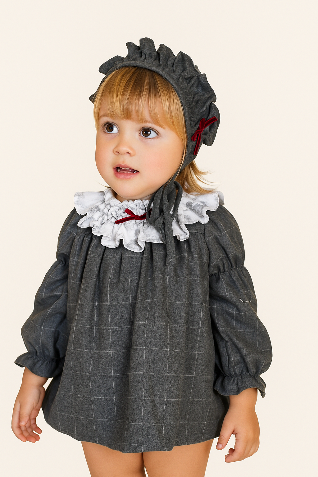 Vestido cuadros plomo cuello blanco