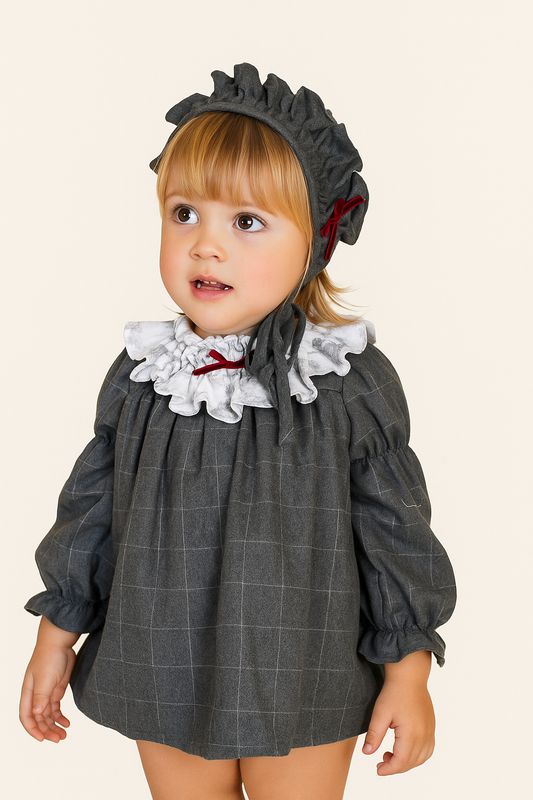 Vestido cuadros plomo cuello blanco