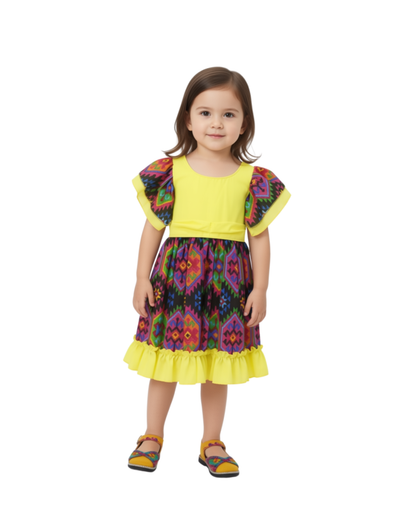 VESTIDO ADELITA TIPICO PATRIO ELEGANTE PETO AMARILLO, FALDA GEOMETRIA