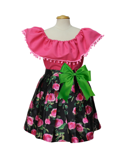SET PATRIO TUTU CON BLUSA CAMPESINA ROSA CON POMPON ROSA, FALDA FLORES NEGRA