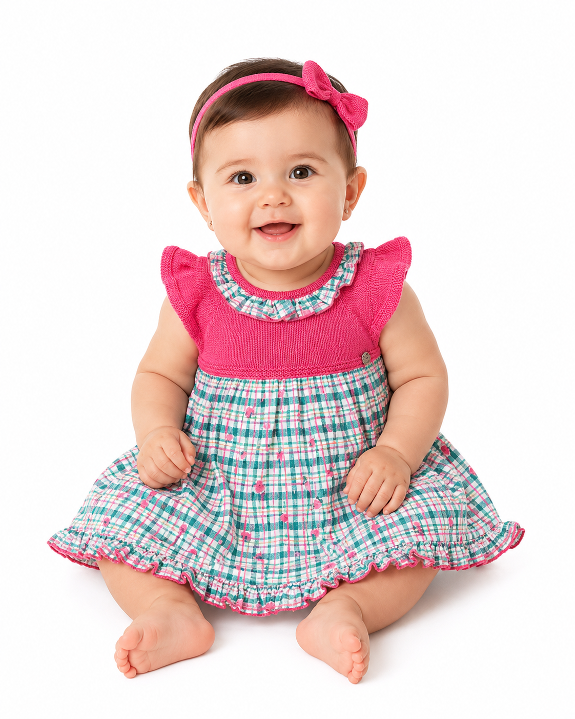 Vestido talle tejido color fresa falda a cuadros