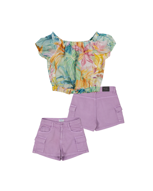 conjunto blusa flores short lila