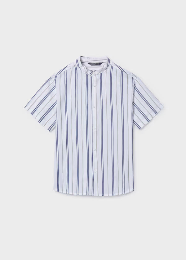 Camisa manga corta cuello mao, rayas océano