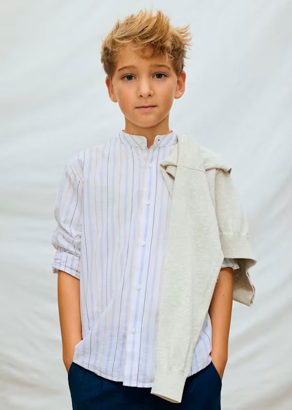 Camisa manga larga azul rayas, cuello mao. niño, mayoral