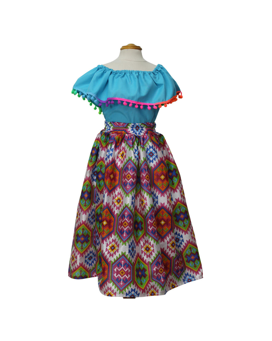 SET FALDA ADELITA CUADROS  BLUSA CAMPESINA AZUL POMPON ARCOIRIS, FALDA CUADROS BLANCA