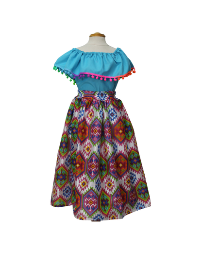 SET FALDA ADELITA CUADROS  BLUSA CAMPESINA AZUL POMPON ARCOIRIS, FALDA CUADROS BLANCA