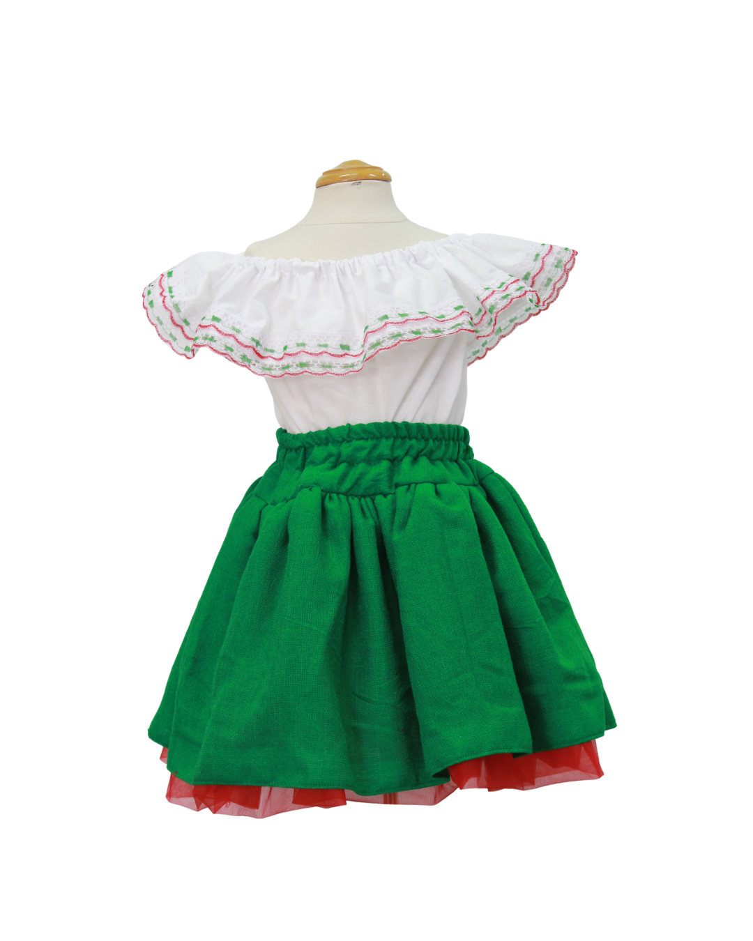 SET PATRIO TUTU CON BLUSA CAMPESINA BLANCA ENCAJE TRICOLOR FALDA VERDE