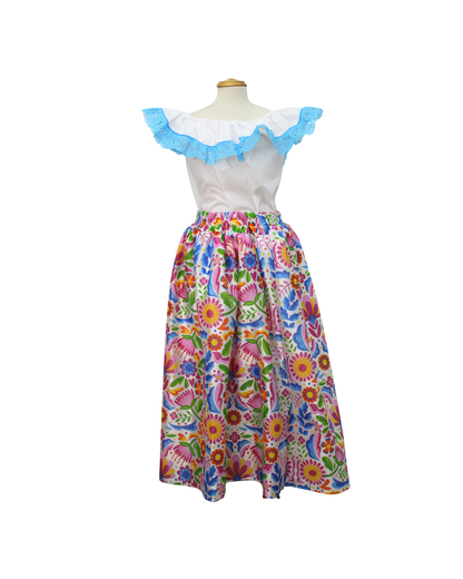 SET FALDA ADELITA COLORES BLUSA CAMPESINA BLANCA ENCAJE AZUL