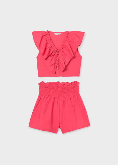 Conjunto pantalón corto y top volante coral chica