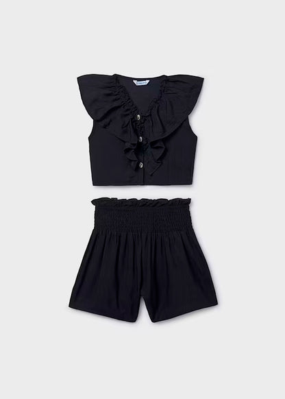 Conjunto pantalón corto y top volante negro chica