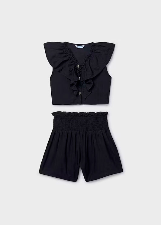 Conjunto pantalón corto y top volante negro chica