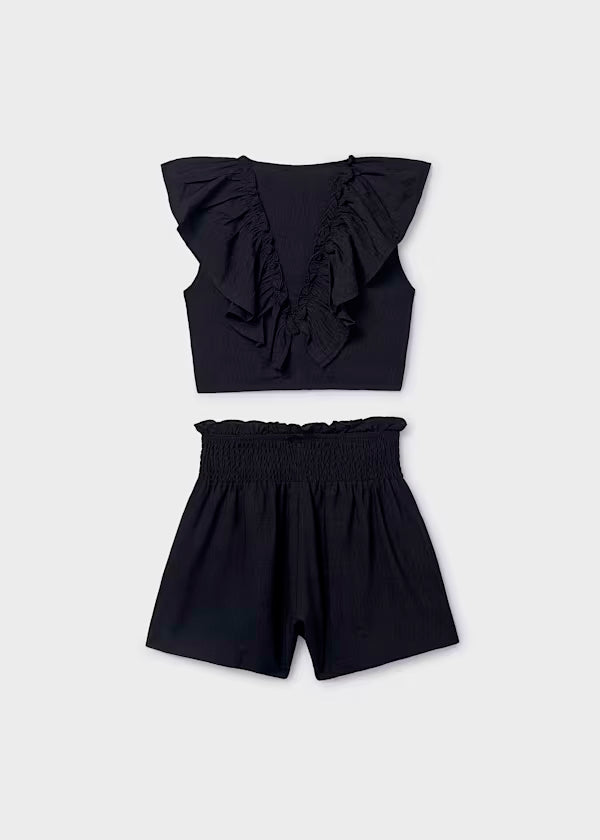 Conjunto pantalón corto y top volante negro chica