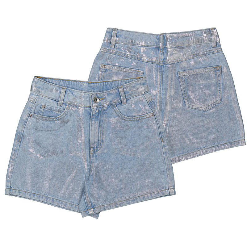 conjunto blusa plata y short metalico denim
