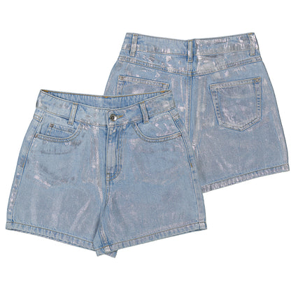conjunto blusa plata y short metalico denim