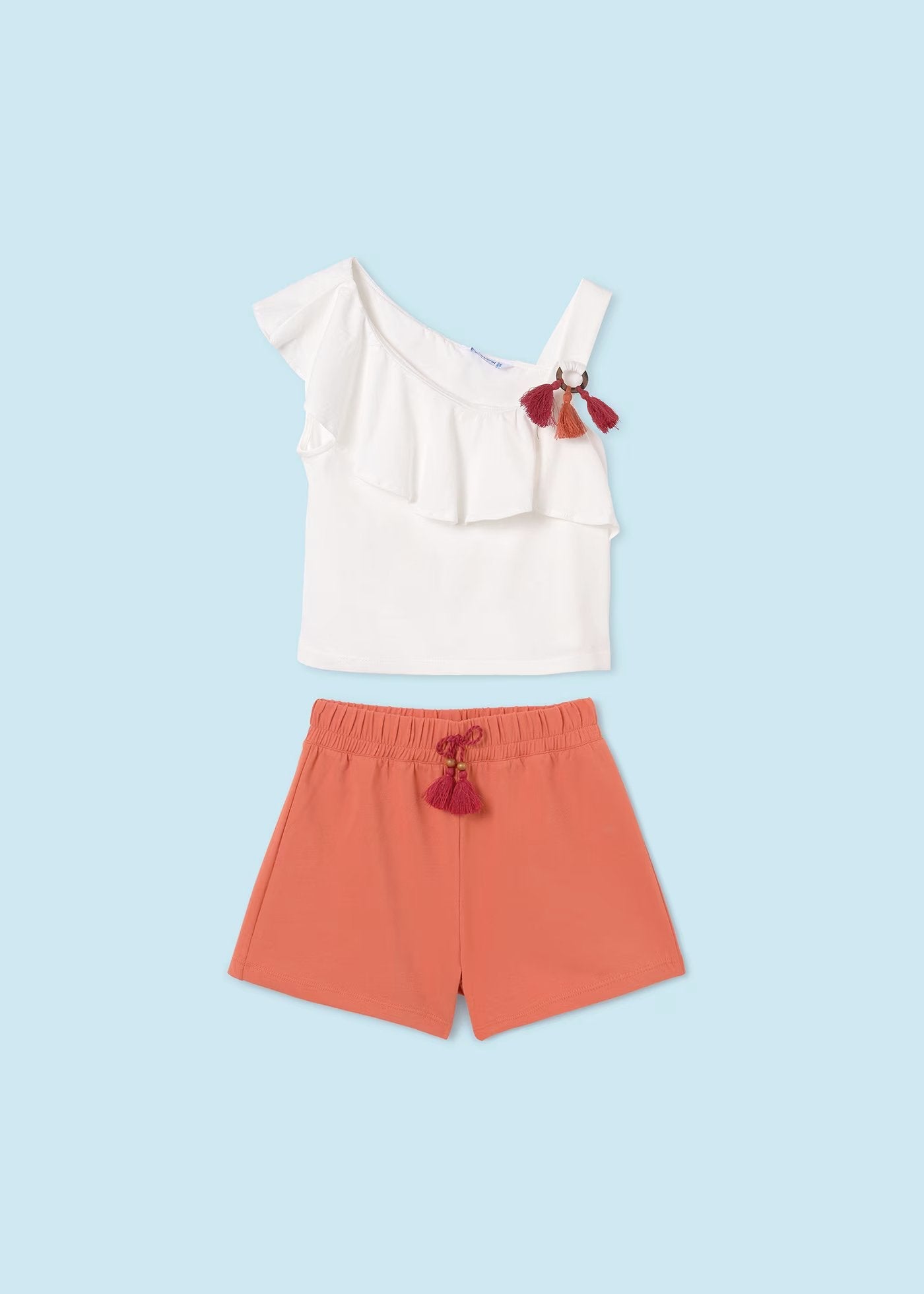 conjunto 2 piezas, blusa manga asimetrica, short naranja