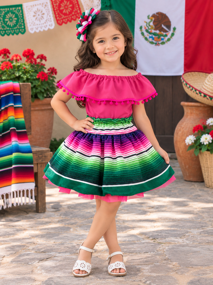 SET PATRIO TUTU CON BLUSA CAMPESINA ROSA POMPON ROSA, FALDA RAYAS SALTILLO